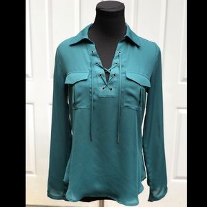 Candie’s Collared Lace-Up Long Sleeve Green Top